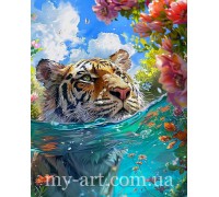 Алмазная мозайка круглые стразы на подрамнике Тигр плавает (стразы AB+FD) 40 х 50 см (арт. AR-3298) без коробки