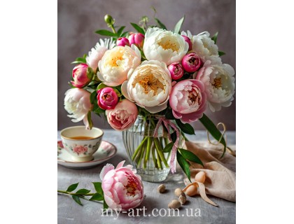 Купити Алмазна мозаїка круглі стрази на підрамнику Чаювання з півоніями (+стрази AB+FD) 40 х 50 см (арт. AR-3348) без коробки