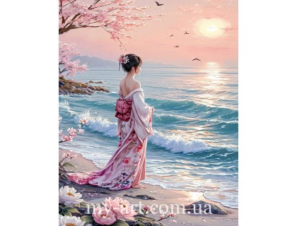 Купити Алмазна мозаїка круглі стрази на підрамнику Японка на березі моря (+стрази AB+FD) 40 х 50 см (арт. AR-3367) без коробки