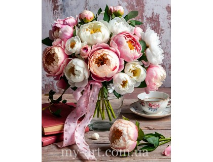 Купити Алмазна мозаїка 50 х 40 см на підрамнику Ніжний букет півоній у вазі (+ стрази голограмні +FD) (арт. TNG1724)