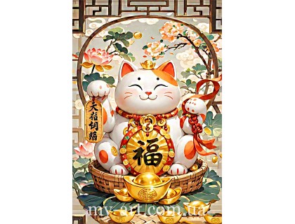 Купити Алмазна мозаїка на підрамнику Котик вдачі та щастя (+ стрази AB + FD) 40 х 60 см (арт. TNG1762)