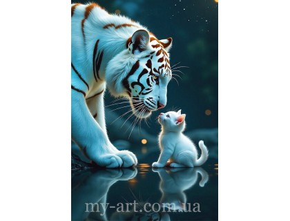 Купить Алмазная выкладка на подрамнике Белая тигрица и котенок (+ стразы AB + FD) 40 х 60 см (арт. TNG1767)
