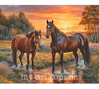 Алмазная вышивка 40 х 50 см на подрамнике Лошади на закате солнца (+ стразы АБ+FD) (арт. TNG1782)