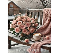 Алмазна мозаїка 50 х 40 см на підрамнику Троянди і кава (+ стрази голограмні + FD) (арт. TNG1786)