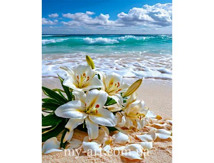 Купити Алмазна мозаїка 50 х 40 см на підрамнику Ароматні лілії на березі океану (+ стрази AB + Фейрі Даст) (арт. TNG1797)